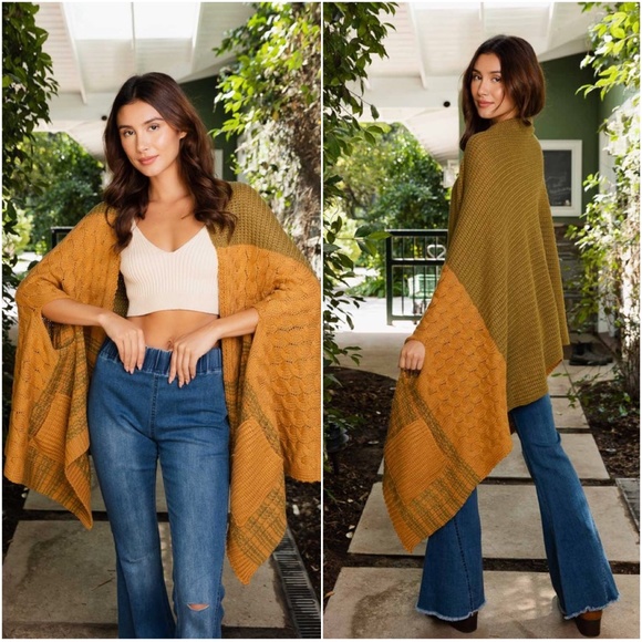 017  Cozy Color Block Knit Pockets Poncho Cardigan - Picture 3 of 10